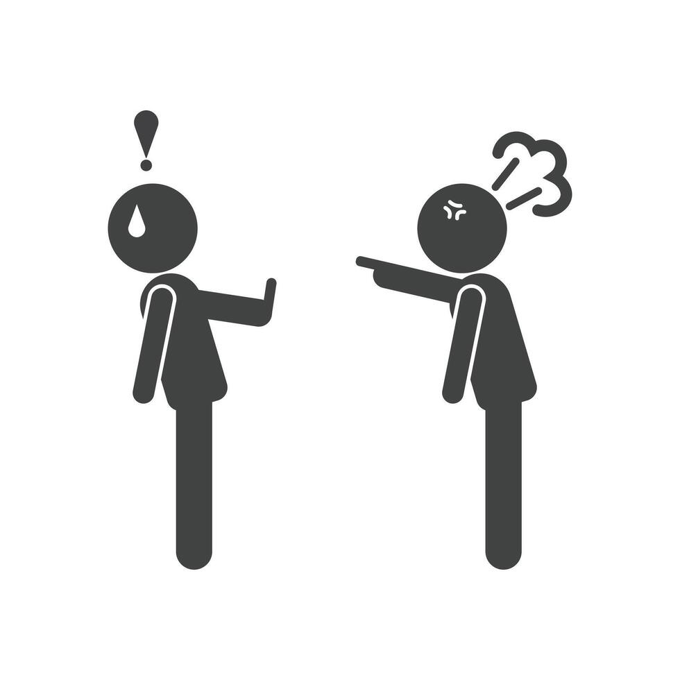 Black silhouette of angry boss yelling at shocked employee and explaining, symbolizing toxic work environment, pressure and conflict in the workplace. illustration EPS 10. vector
