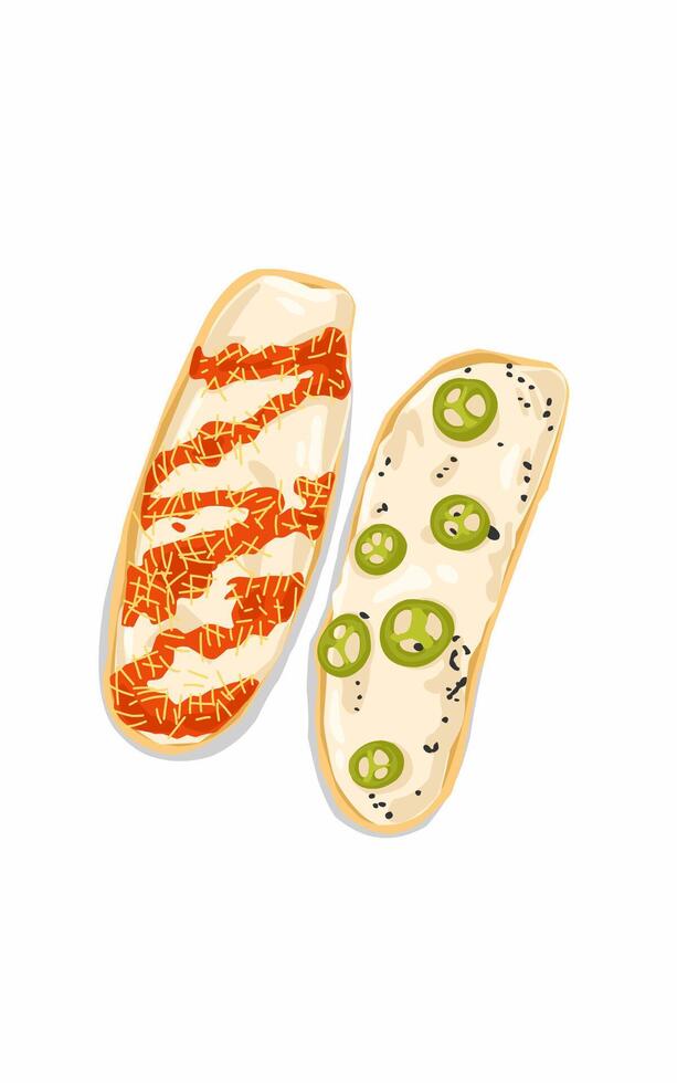 Delicious oval pizza filled with green chili pepper cheese tomato ketchup sauce vector