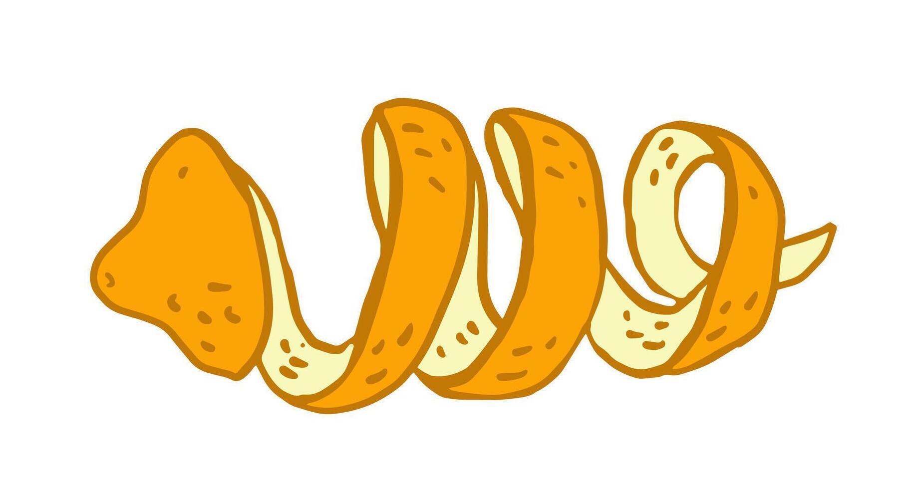 spiral lemon zest from a whole lemon. Hand drawn outline illustration zest ribbon with twists and curves, twisted citrus peel for refreshing flavor of organic drinks or food. menu design, bar cards vector