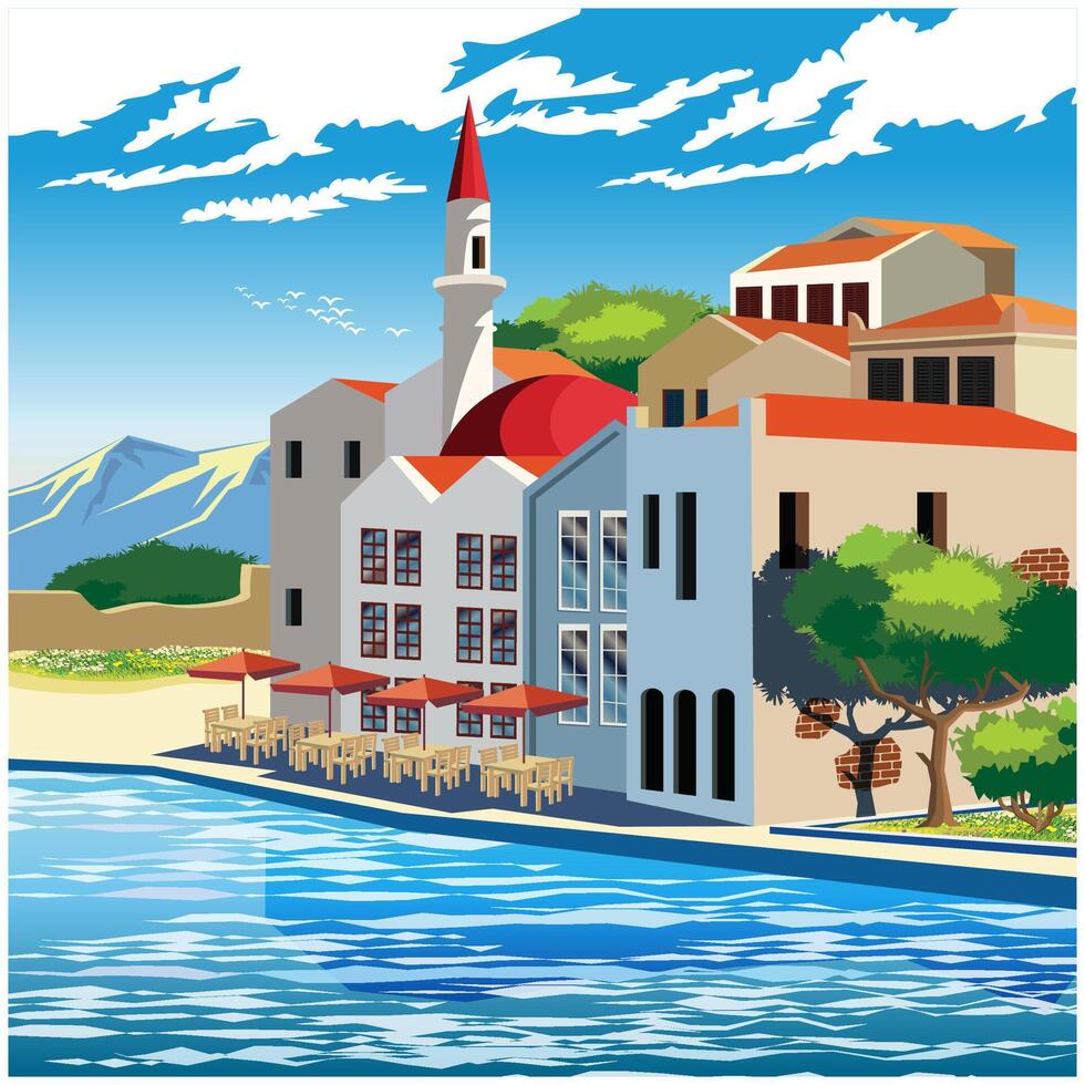 Scenic coastal village by the water vector