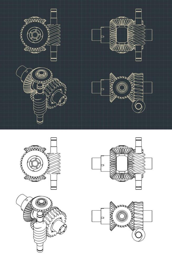 Differential gear system with worm gear drawings vector