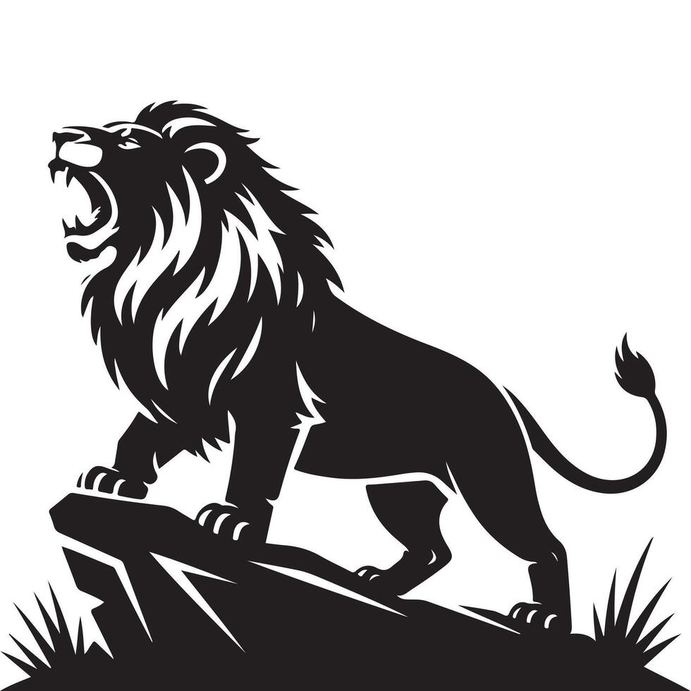 Roaring lion standing on rock silhouette vector