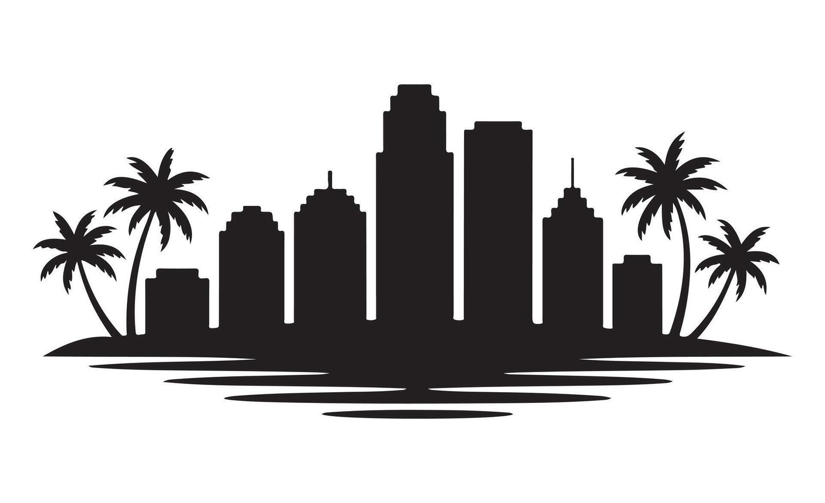Palm trees and city skyline silhouette vector