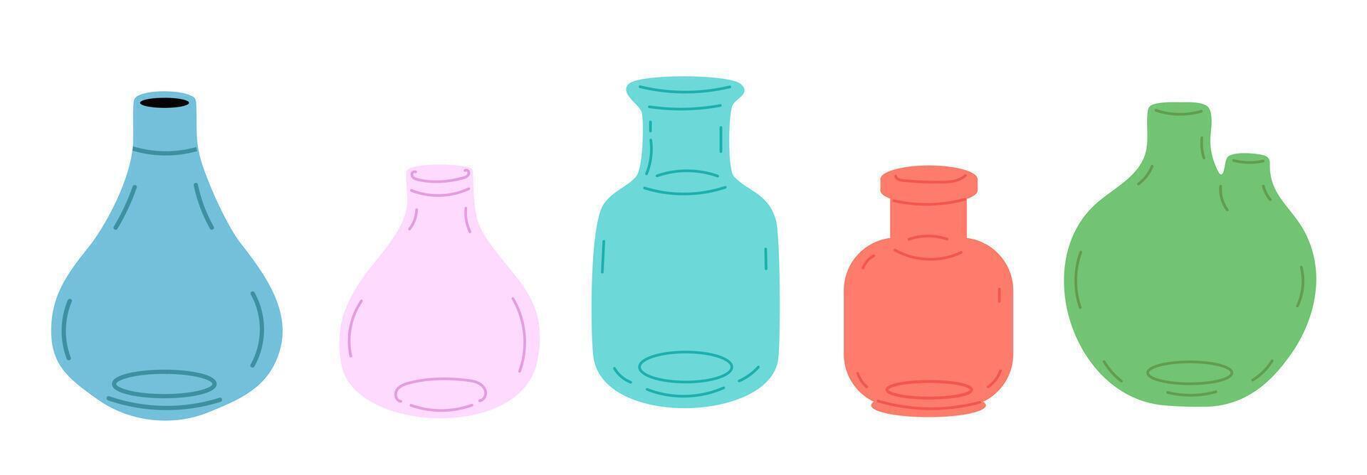 Set of simple glass vases in pink, green, red and blue shades with minimalist rounded shapes vector