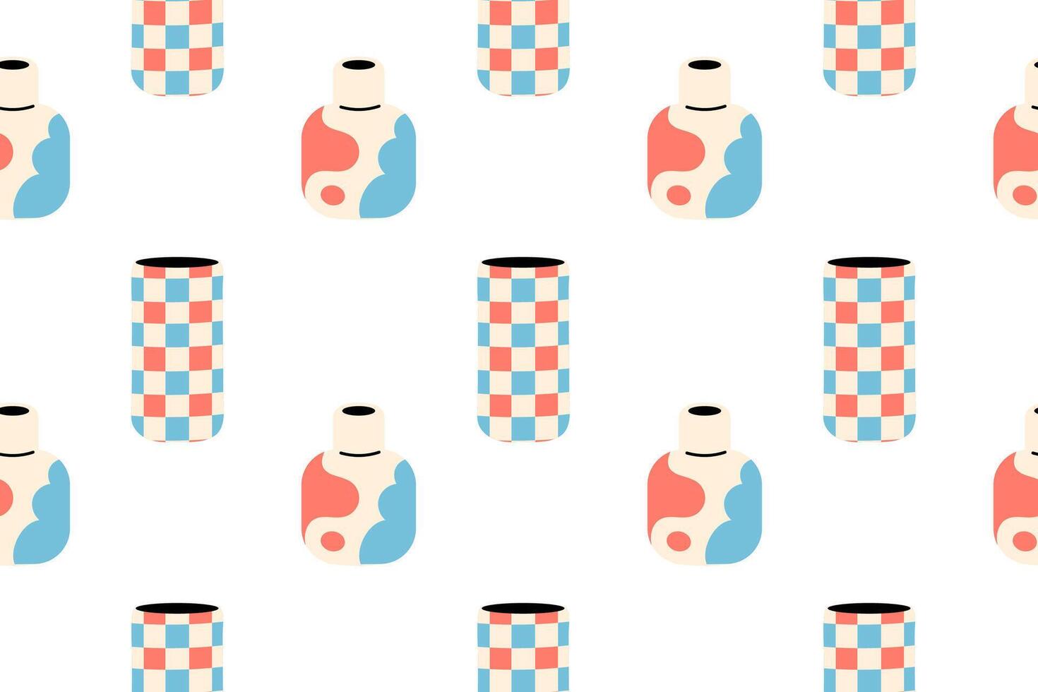 Seamless pattern with abstract vases featuring color blocks in red, beige, and blue on white background vector