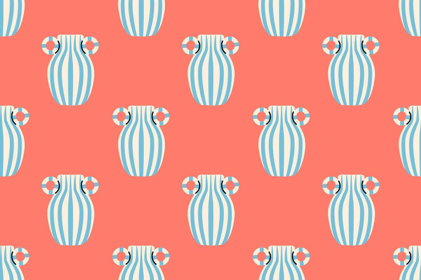 Repeating pattern of striped ceramic vases with handles on coral background vector