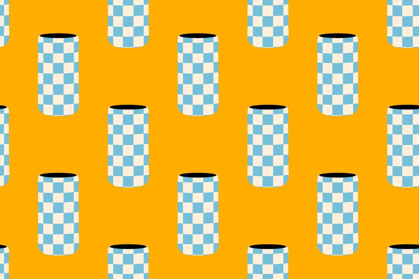 Seamless pattern with cylindrical vases in blue and white checkered design on orange background vector