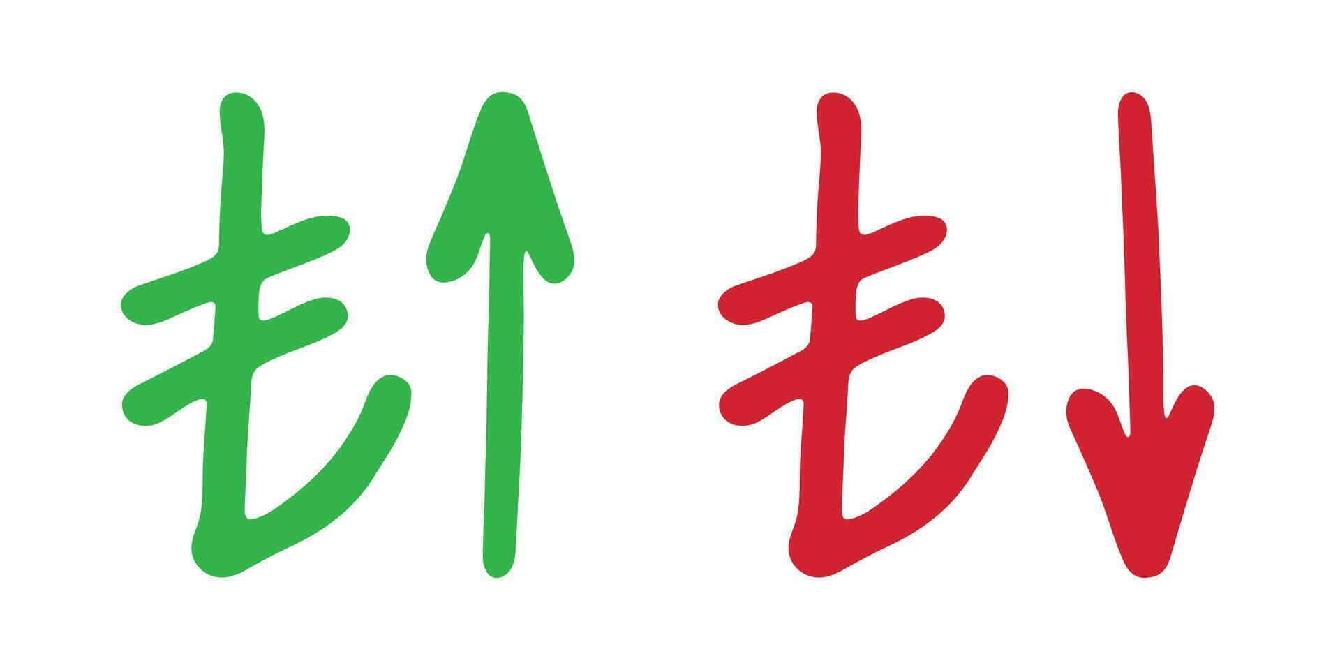 Bank Hand drawn turkish lira currency symbol Growth and fall profit with arrow up and down Brush stroke doodle Element for design vector