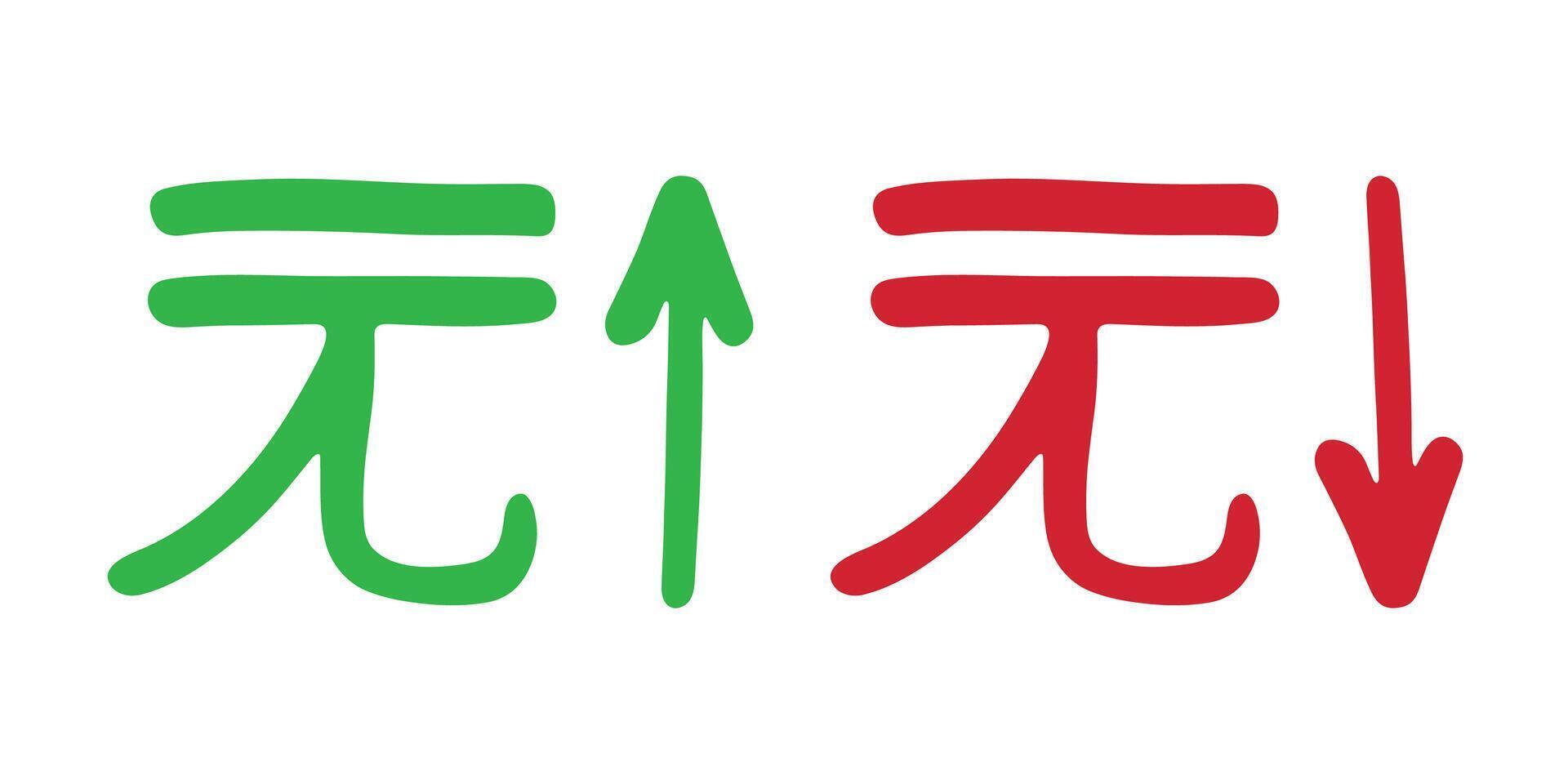 Hand drawn chinese yuan currency symbol Growth and fall profit with arrow up and down Brush stroke doodle Element for design Bank vector