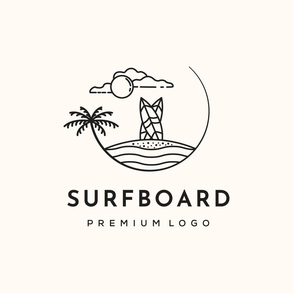 nature surfboard sun line art logo minimalist illustration design, surf landscape in nature logo design vector
