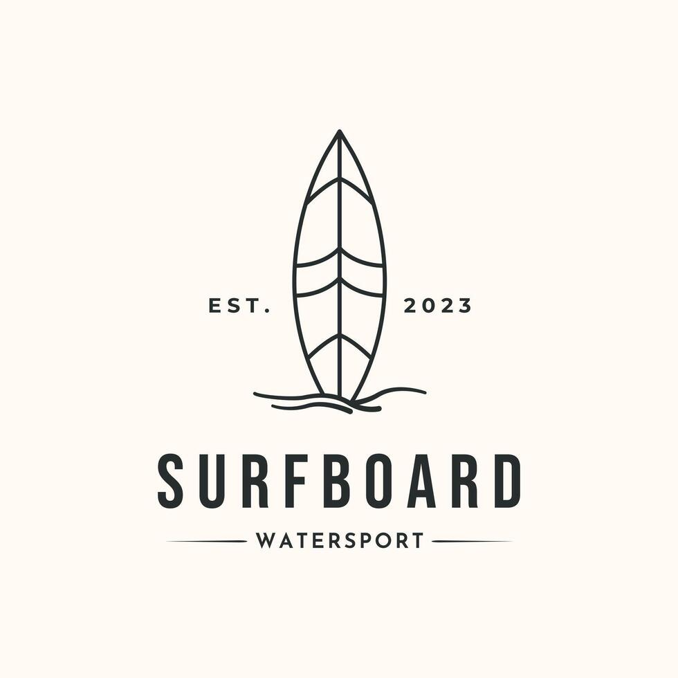 surfboard water sport line art logo minimalist illustration design, surfboard standing on the beach logo design vector