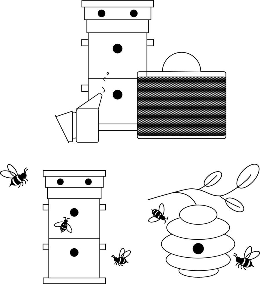 Bee Honeycomb house with sunflowers Honey composition set. graphic line illustration. Icon design for fashion graphics, textile prints, fabrics, wallpapers. vector