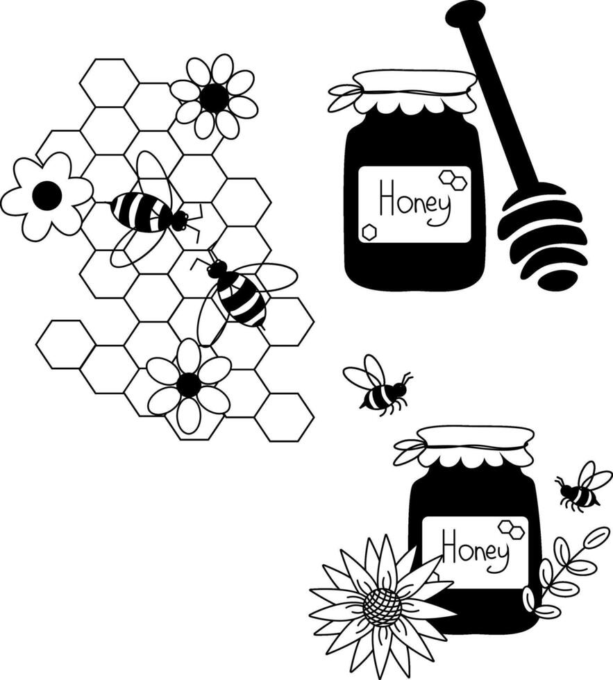 Elegant honey jar with bee and hexagon Honey composition set. graphic line illustration. design for fashion graphics, textile prints, fabrics, wallpapers. For logo, web, package, sticker. vector