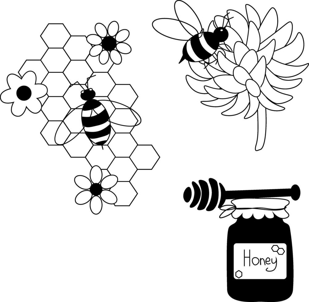 Honey set, honeycomb, bees and simple flowers Honey composition set. graphic line illustration. Sweet composition with blooming flowers and working bees vector