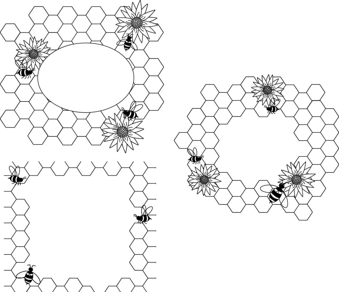 Hexagon grid honeycomb Honey oval rectangle frame set. graphic line illustration. Perfect for cards, decorations, stickers, logo, menu, various designs. vector