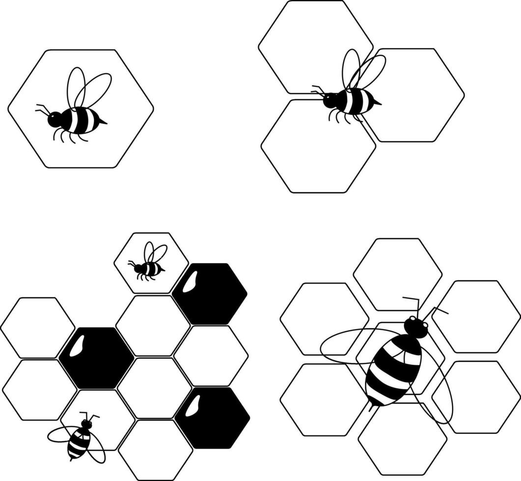 Black honeycomb Honey composition set. graphic line illustration. Perfect for cards, decorations, stickers, logo, menu, various designs. Design for package, cosmetic, textile, cards. vector