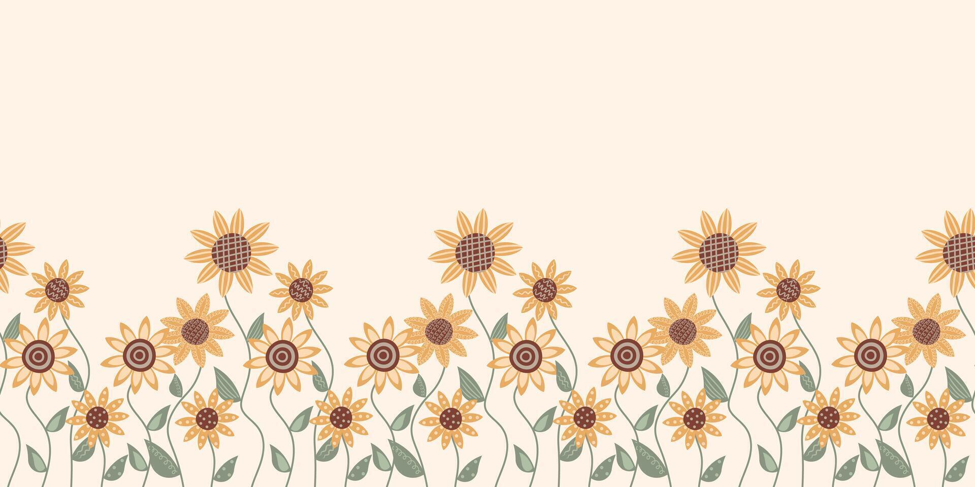 Seamless border with sunflowers set. Isolated elements. Collection decorative floral design elements. Vintage illustration vector