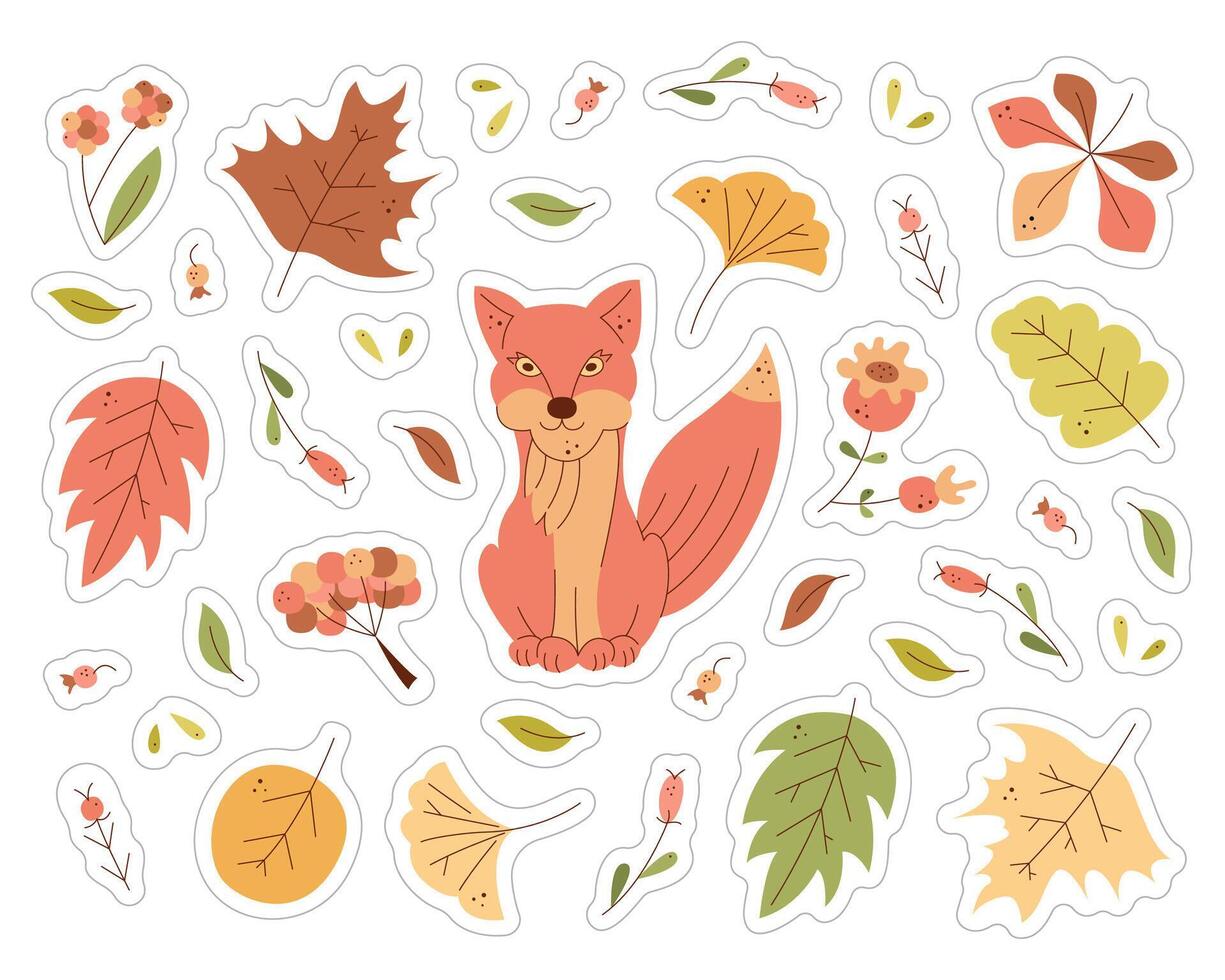 A set of stickers with a cute fox, leaves and berries. Color flat illustration. vector