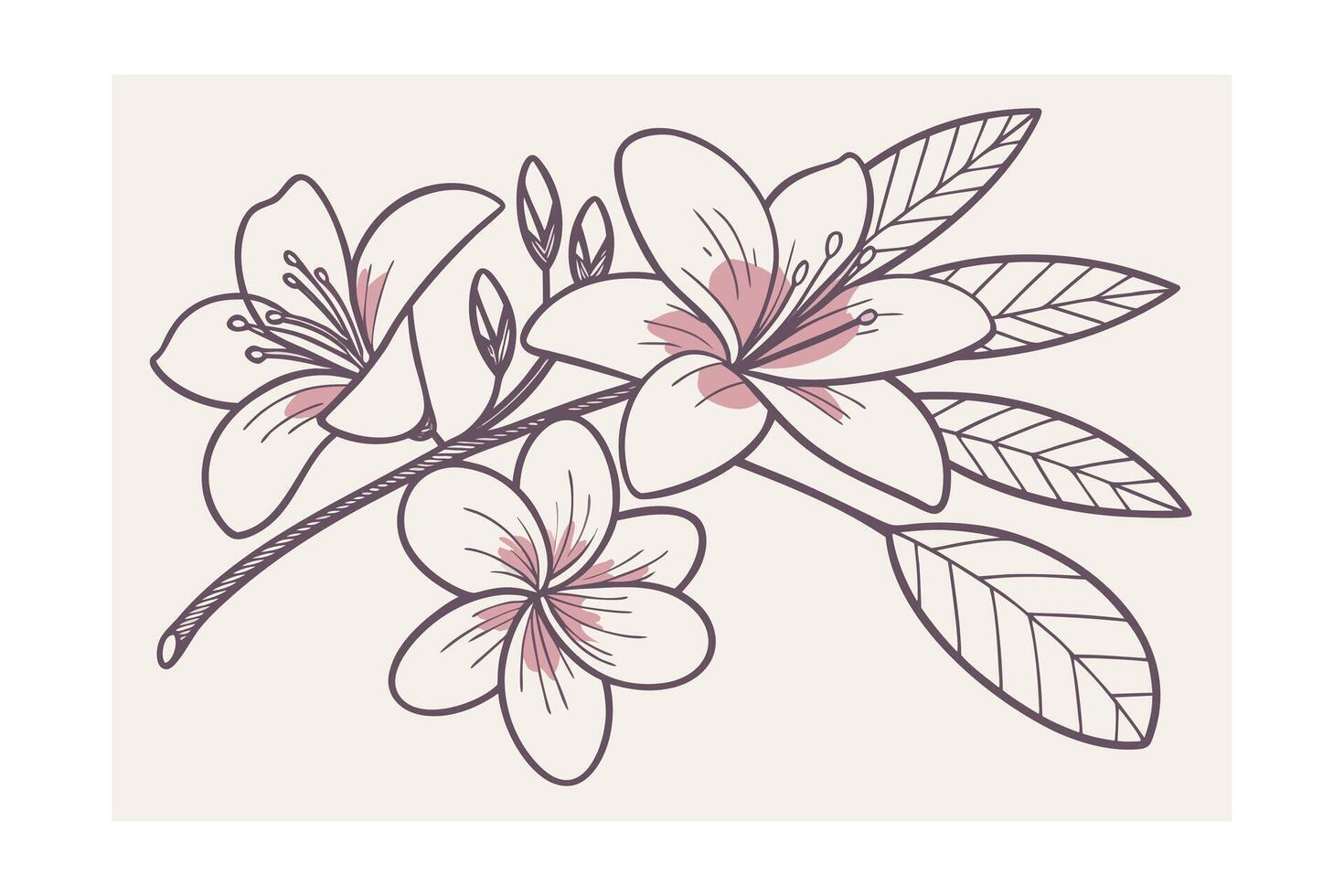 Stylized linear tropical flowers with pastel accents on cream floral bloom vector