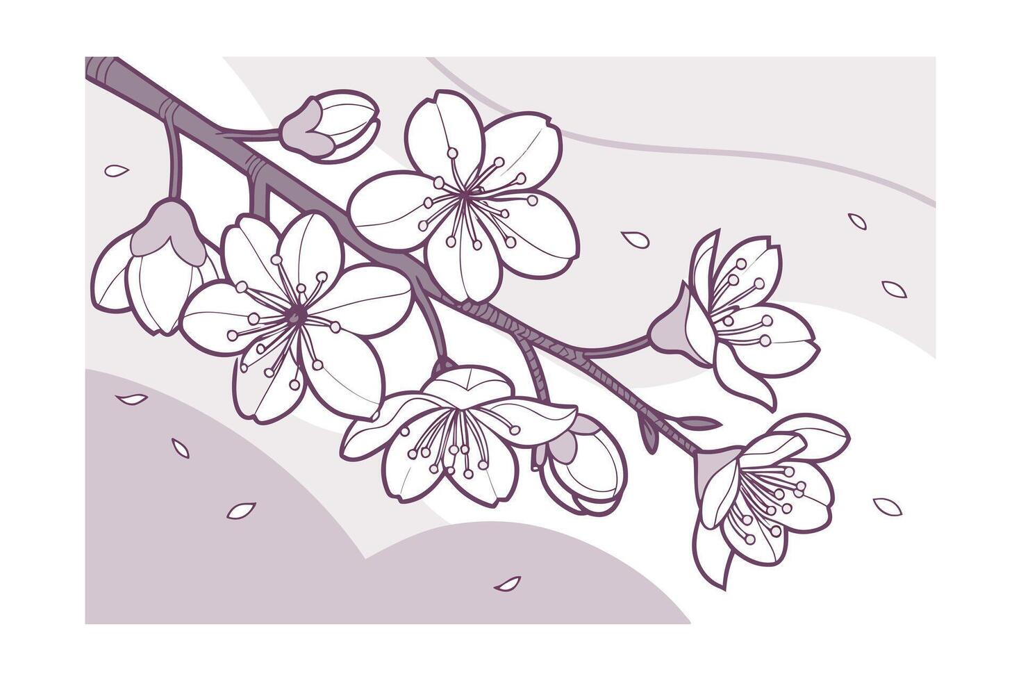 Outline cherry blossoms in blush lavender pastels on a light flower branch vector