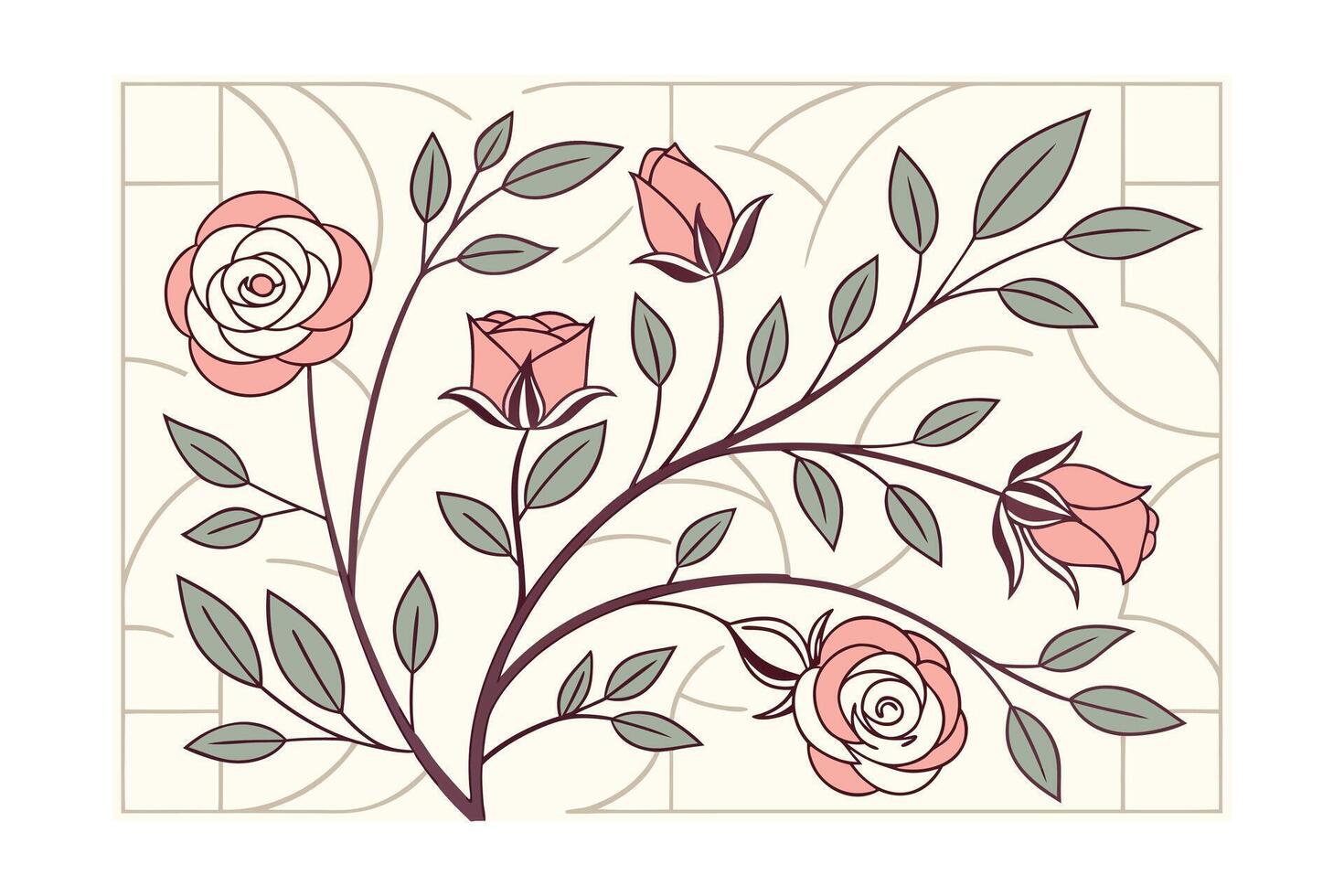Pink rosebuds leaves on a cream with geometric lines floral pattern vector