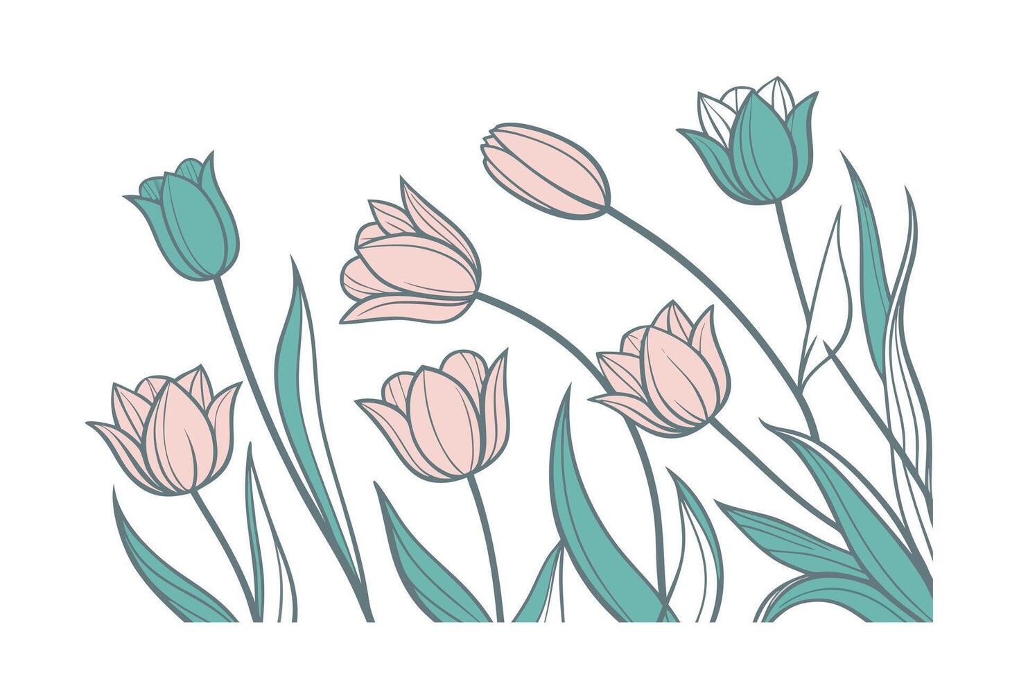 Delicate line art tulips in soft mint peach colors with green leaves flower floral vector