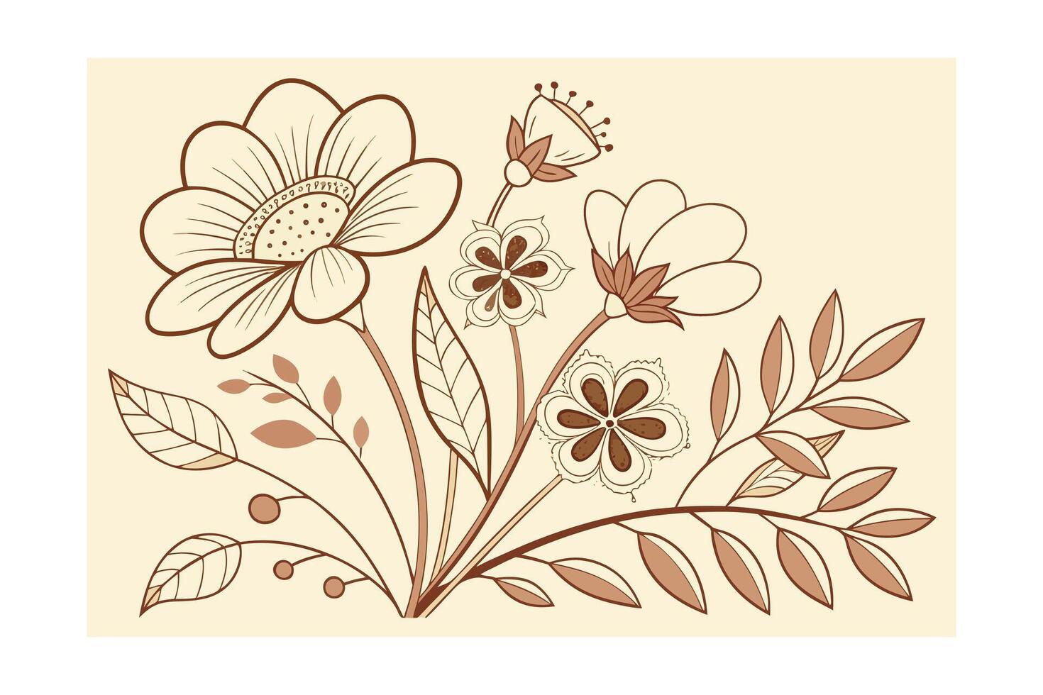 Retro style outline floral doodles in neutral warm tones flower vector