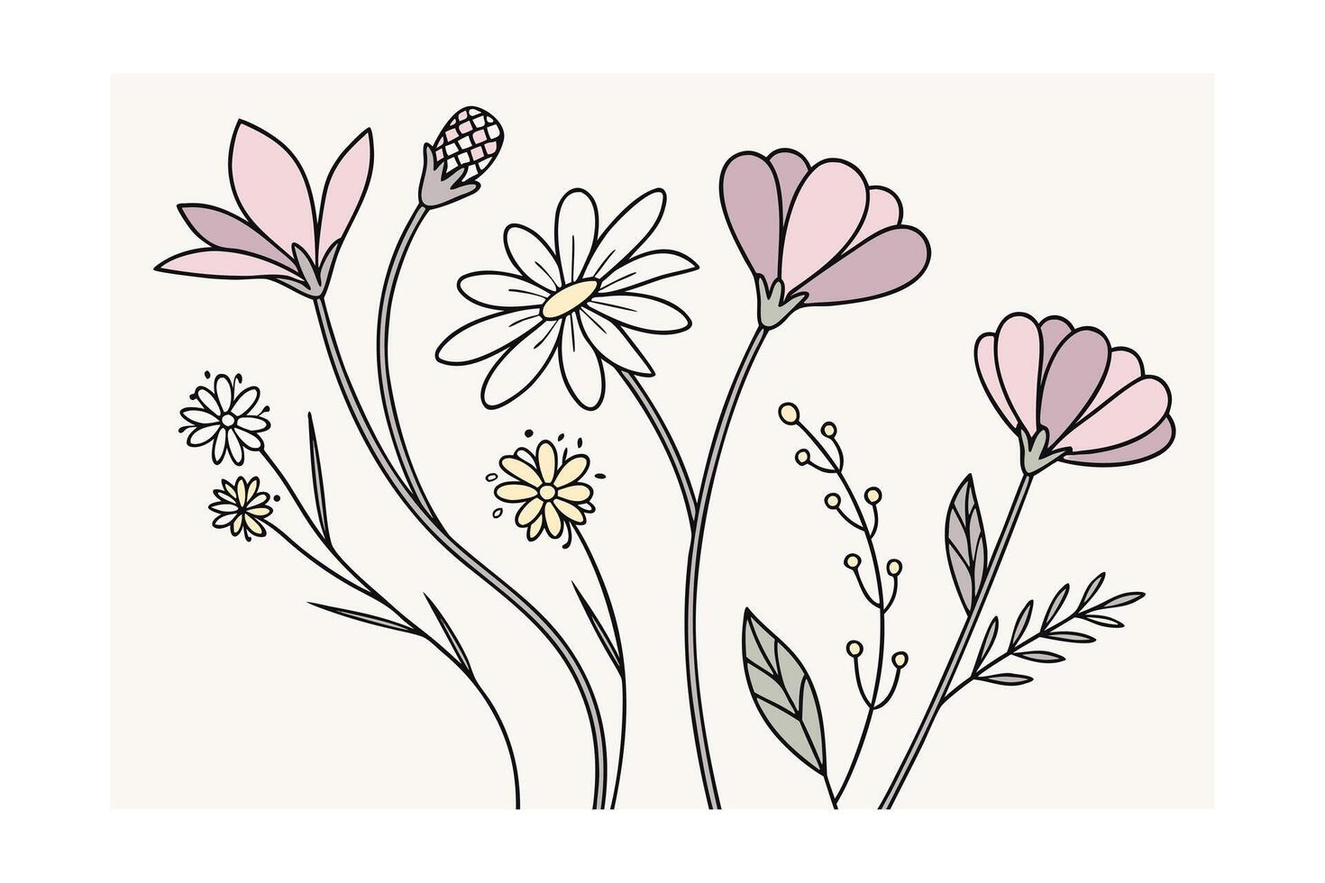 Delicate pastel wildflowers with outline on cream floral bloom vector
