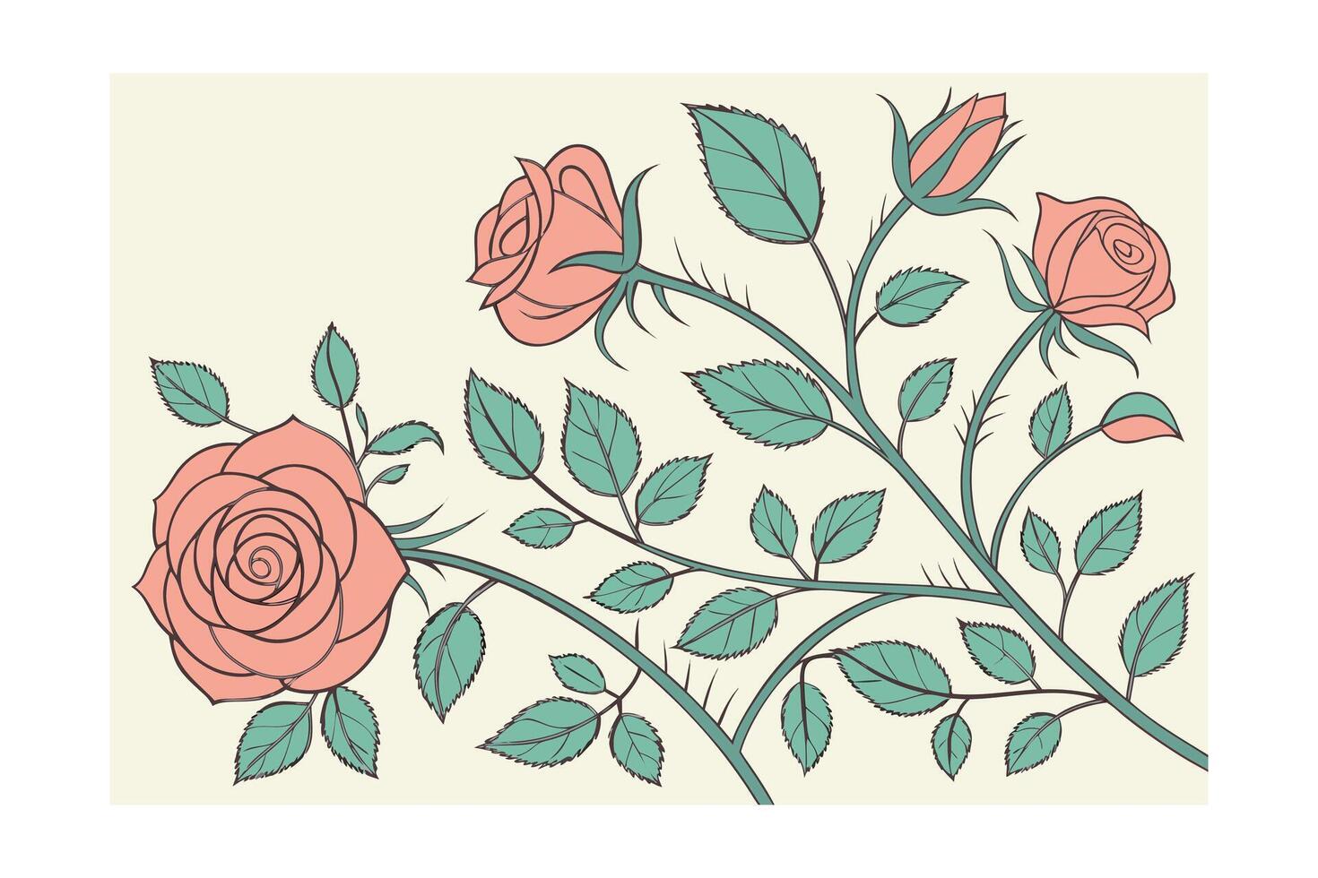 Vintage style coral roses green leaves on cream floral pattern vector