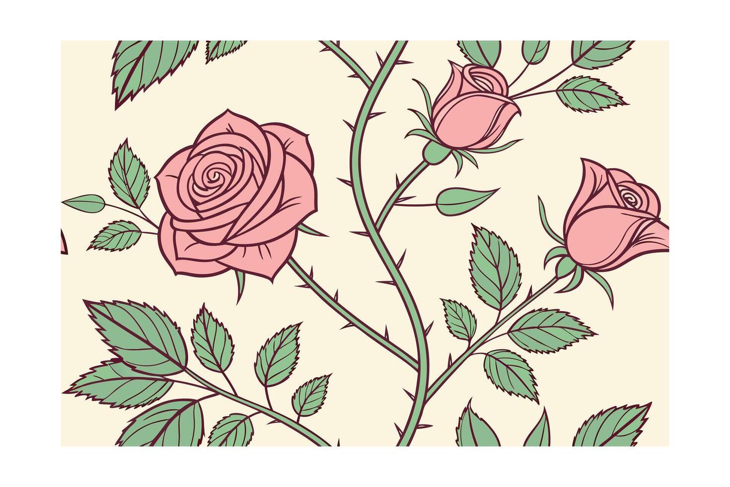 Vintage style seamless pattern with pink roses green leaves flower floral vector