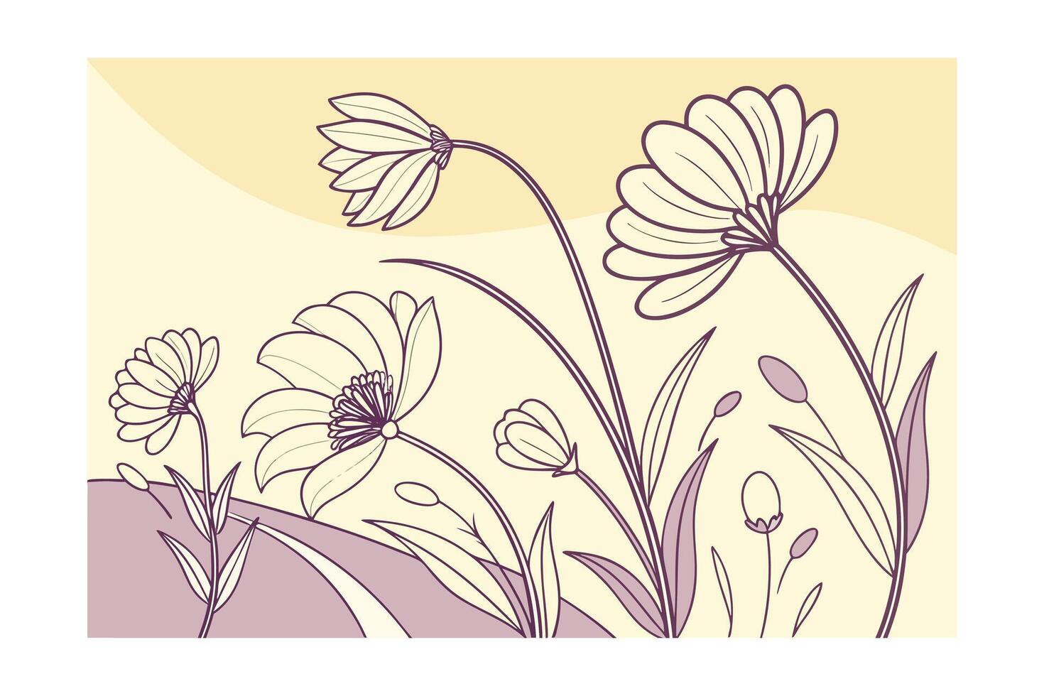 Abstract linework flowers with pastel yellow purple floral nature vector