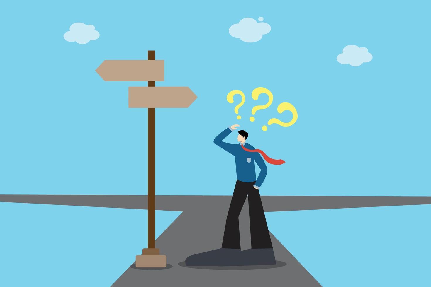 Businessman confused at a crossroads with question marks and signpost. Concept of decision making and uncertainty in career or business direction. vector