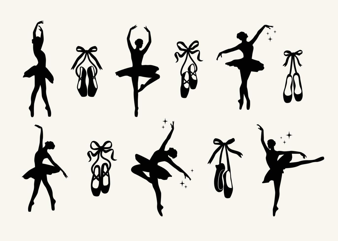 Ballerina and ballet shoes silhouette. Ballerina shoes with ribbon and bow. Isolated on white vector