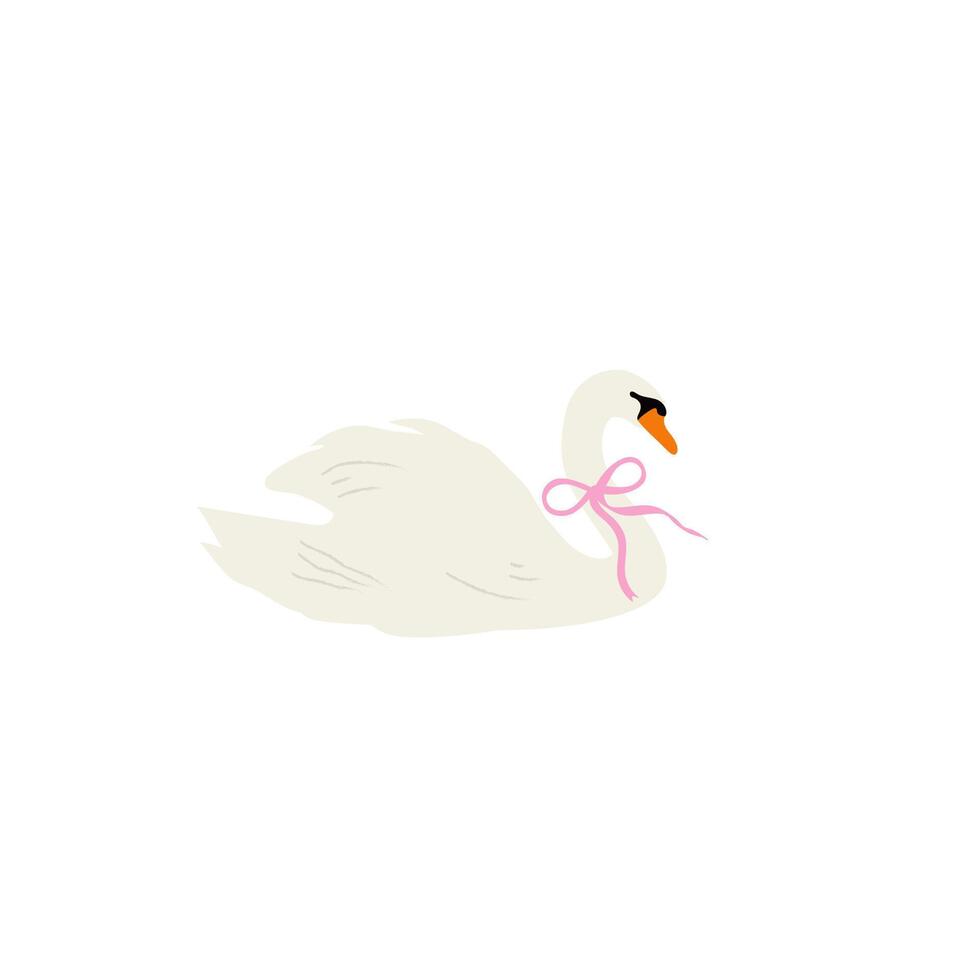 Cute simple flat style swan with a bow ribbon. Minimalistic swan illustration isolated on white. vector
