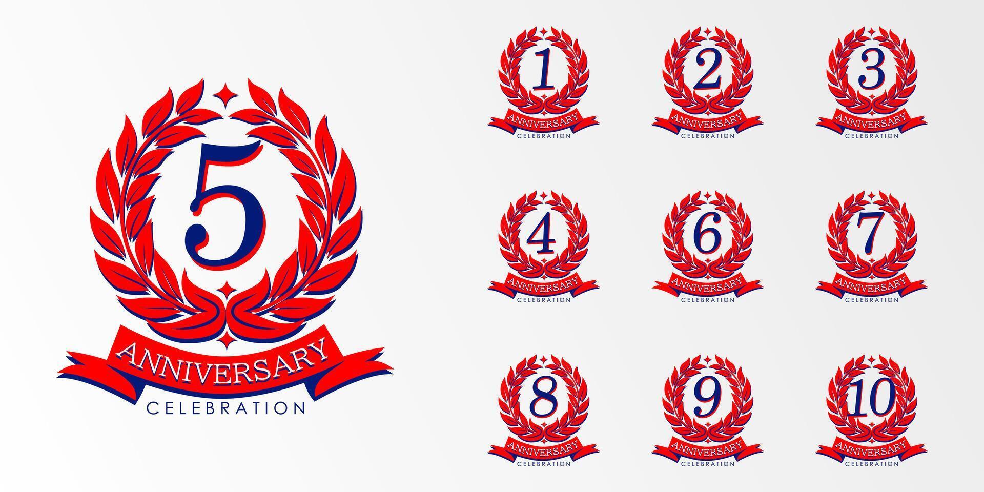 Set of 1st-10 years anniversary celebration emblem. anniversary logo isolated with red ribbon and laurel wreath. template design for web, flyers, poster, greeting card vector