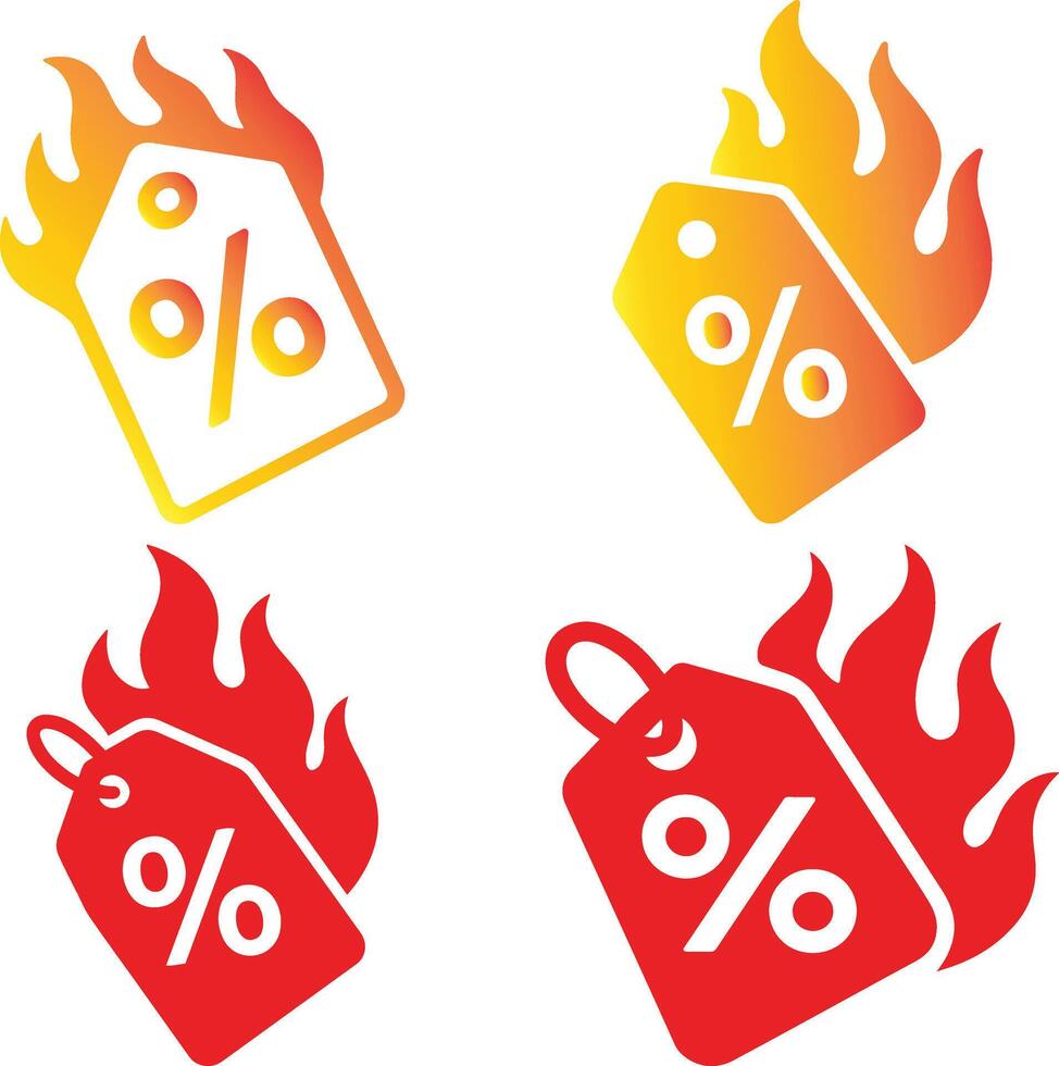 Price tag with percent sign and flame icon set in silhouette illustration design bundle vector