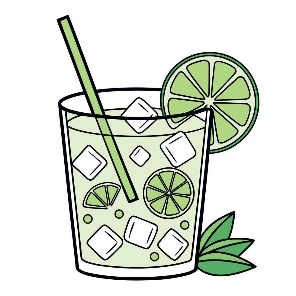 Fresh drink with ice cubes and a straw, decorated with lime slices over white vector