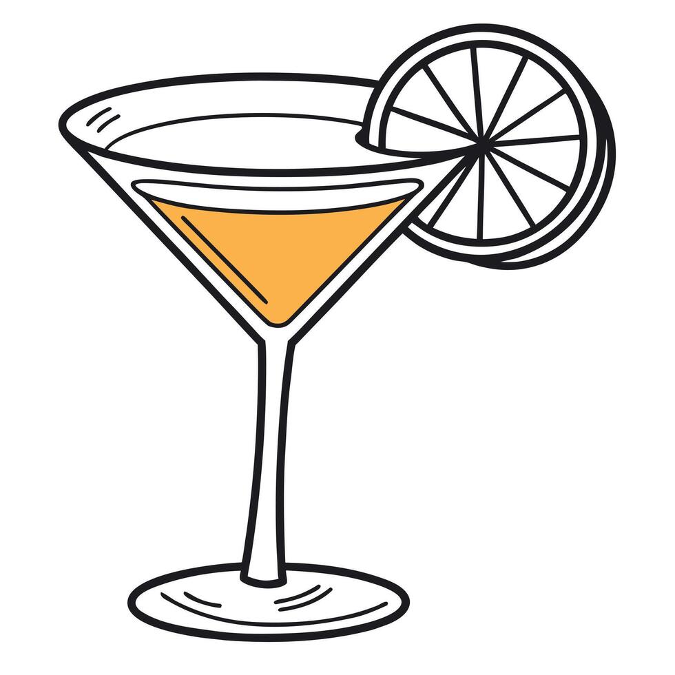 Cartoon drawing shows an orange liquid filled glass with an orange slice garnish vector