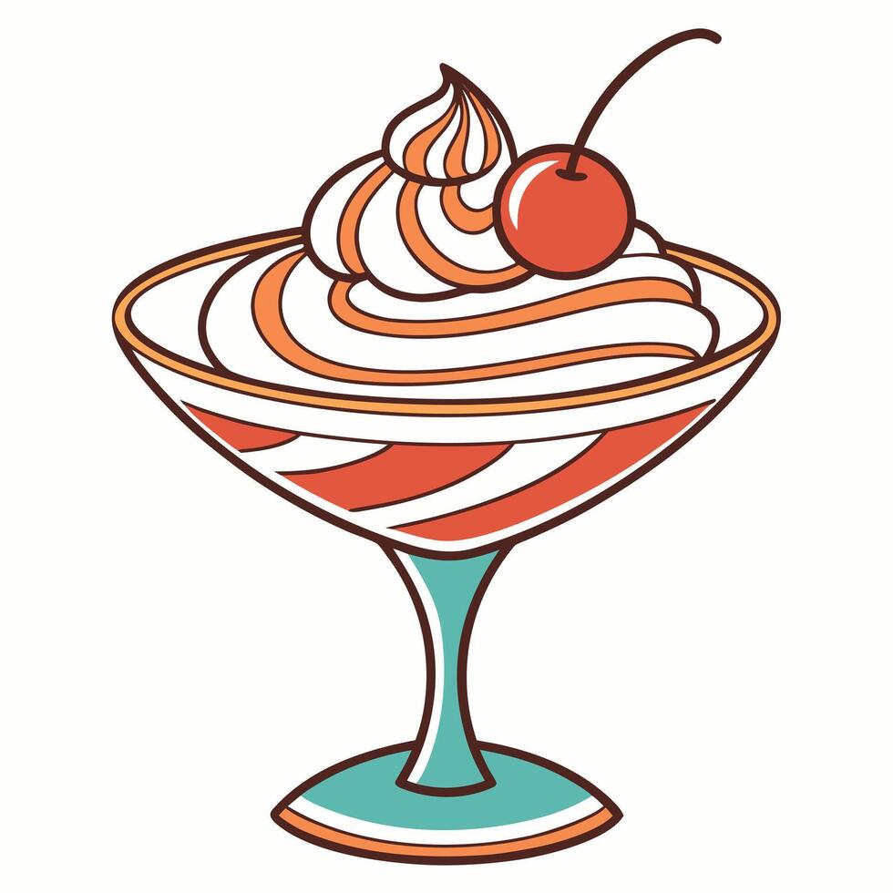 A stylized dessert glass is layered with stripes and topped with whipped cream and a cherry vector