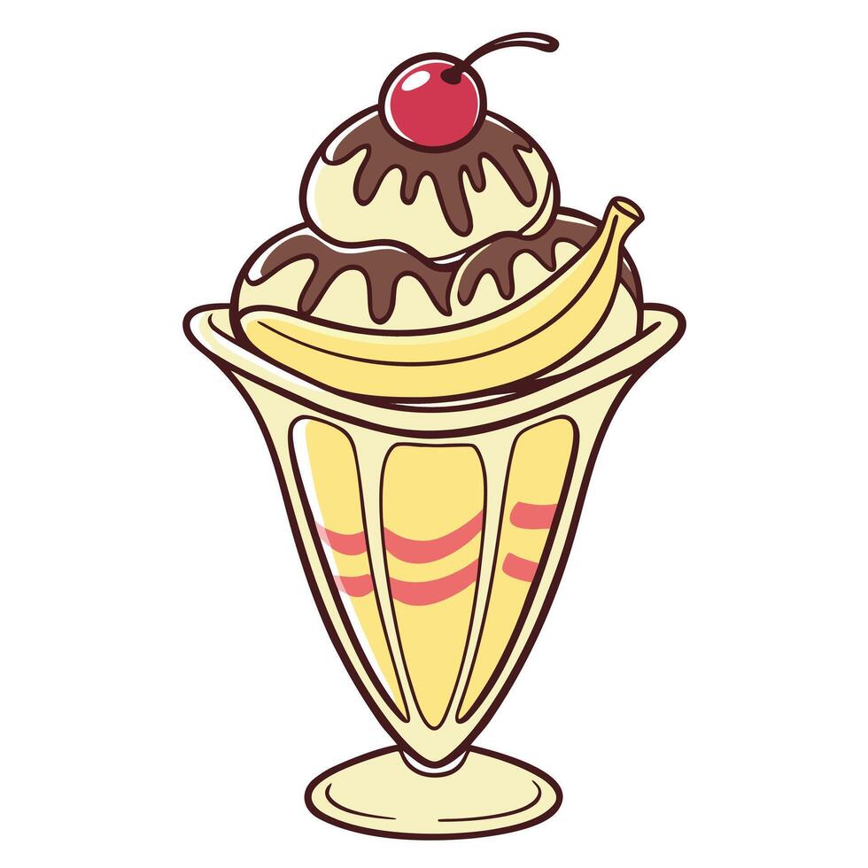 Delightful banana split with chocolate syrup and cherry sits inside glass cup vector