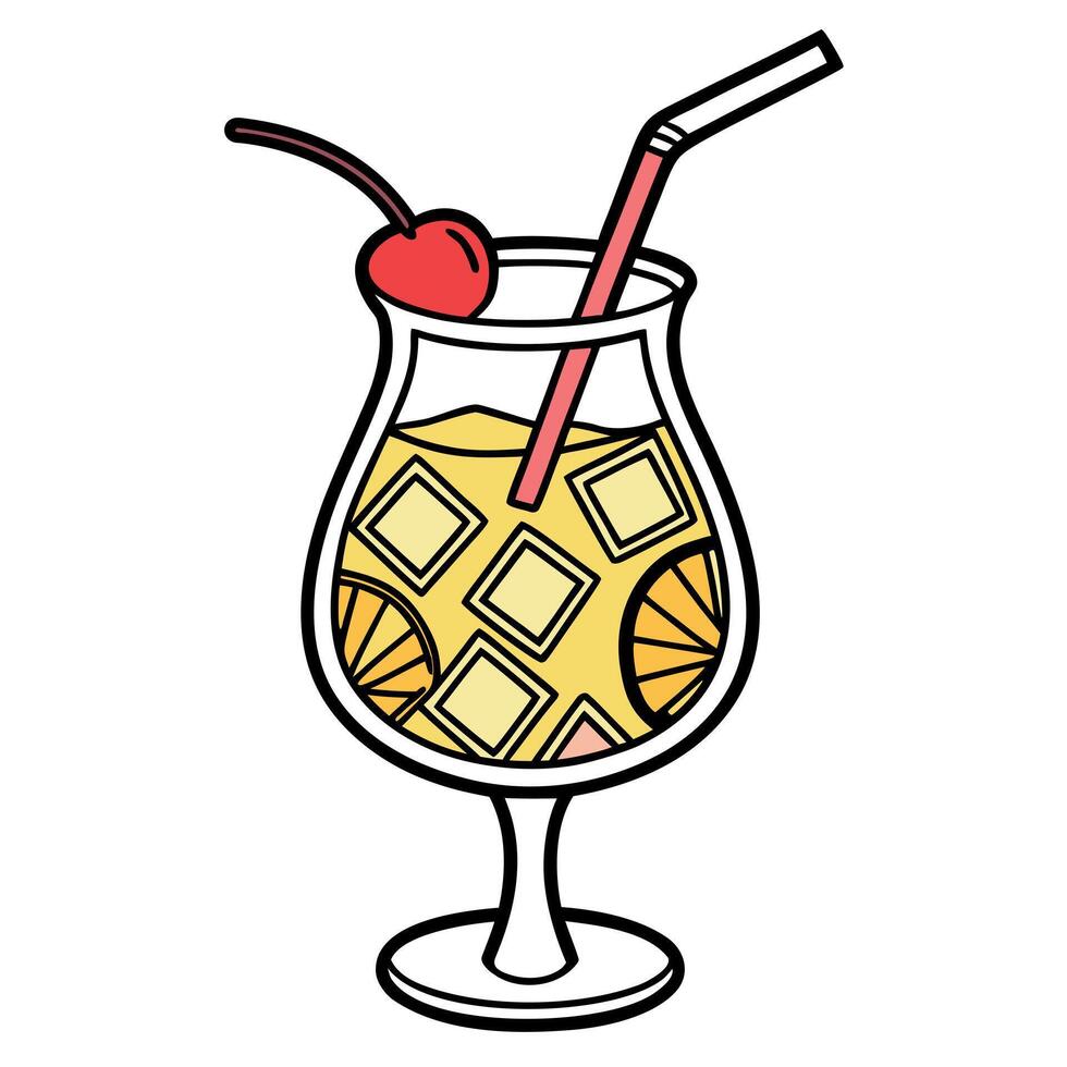 Fresh cartoon cocktail features ice cubes, citrus slices, red straw, and cherry vector
