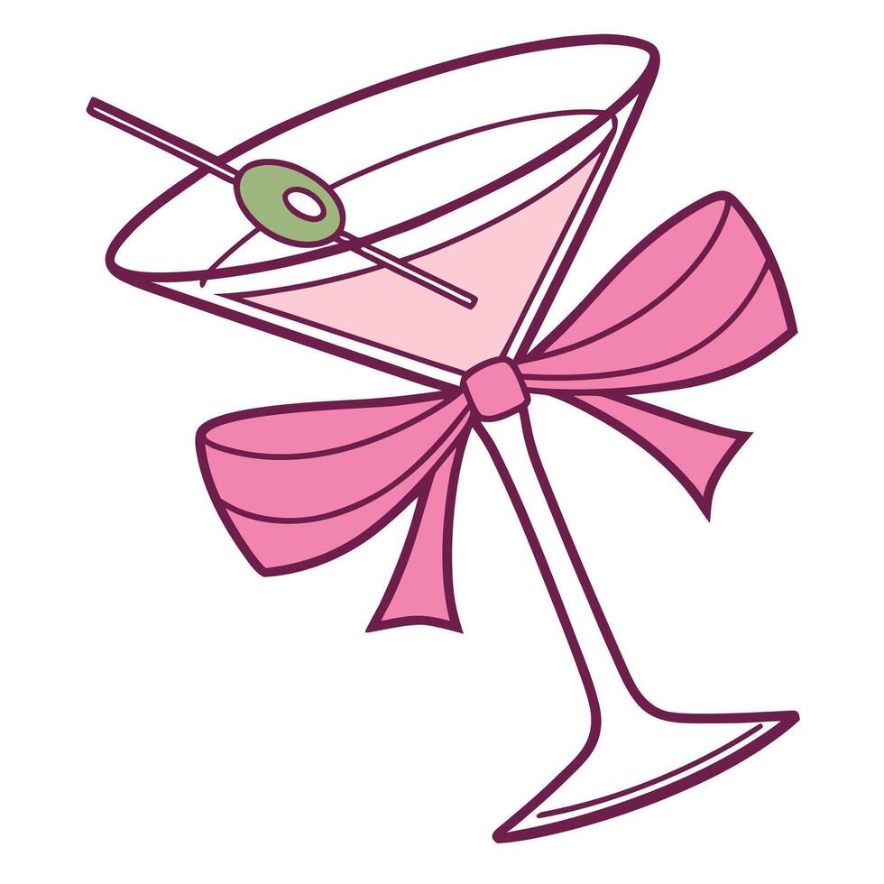 Martini cocktail with a pink bow and olive garnish is on transparent background vector