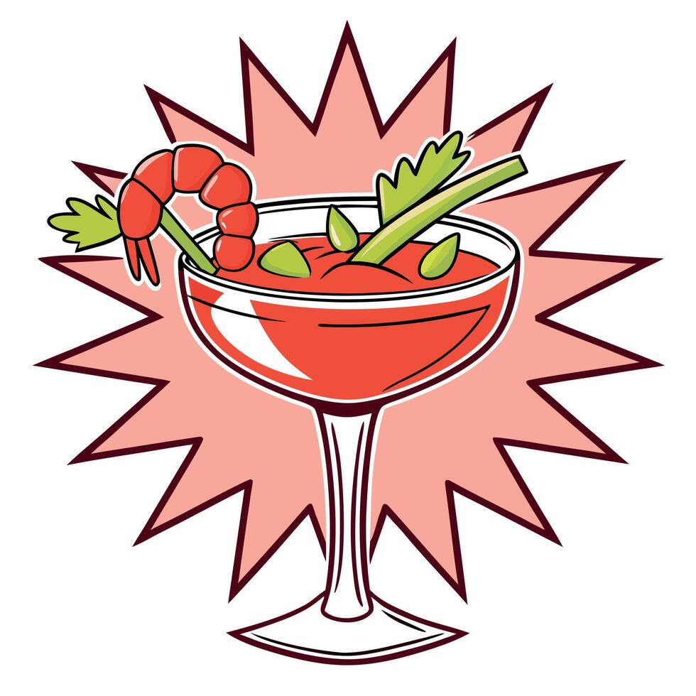 Cartoon bloody mary with shrimp and celery sits against a star burst vector