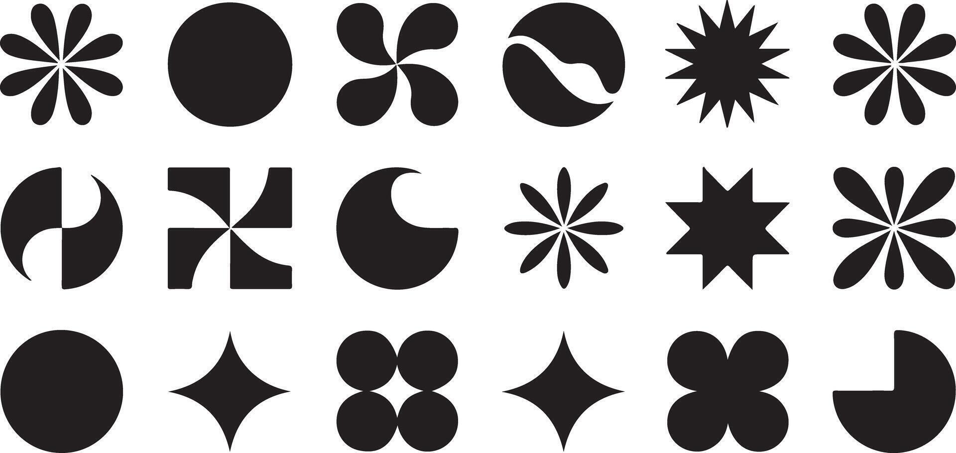 Eighteen stylized black and white geometric shapes collection abstract design elements simple monochrome floral and star forms vector