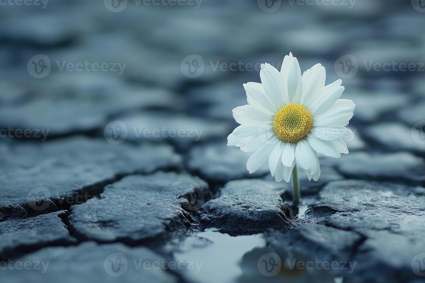 White daisy flower growing between stones in the street photo