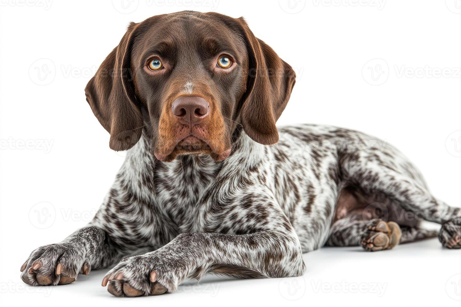German shorthaired pointer lying on white background looking attentive photo