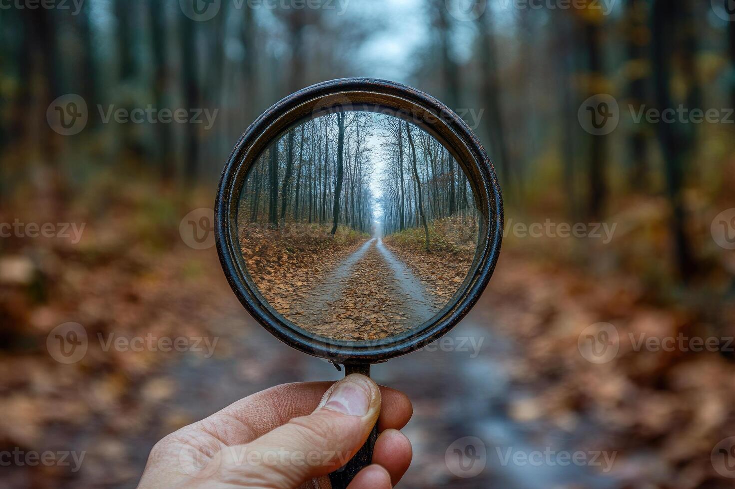 Hand holding magnifying glass showing forest road leading into the unknown photo