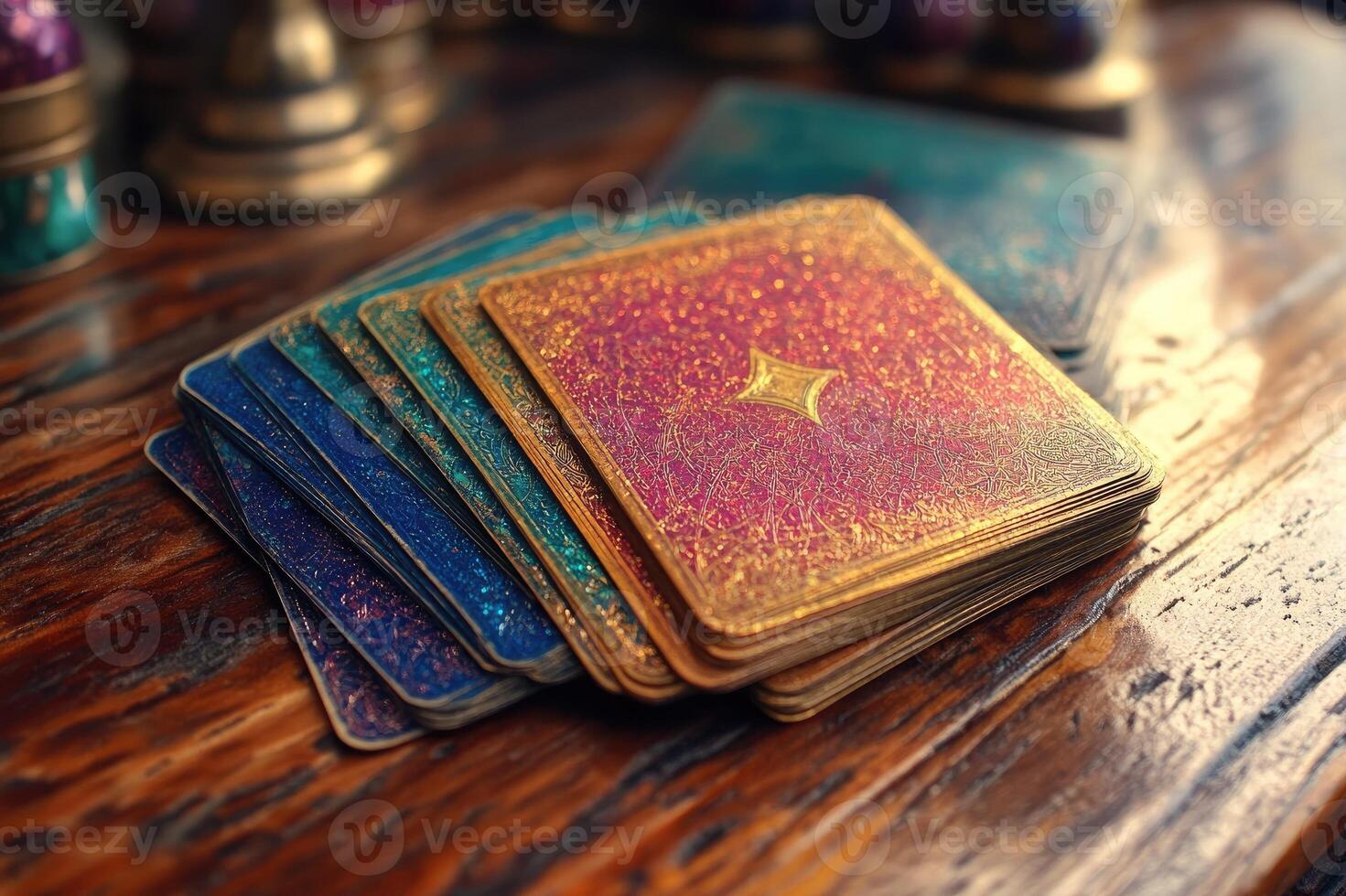 Stack of tarot cards resting on wooden table, embracing the mystical photo