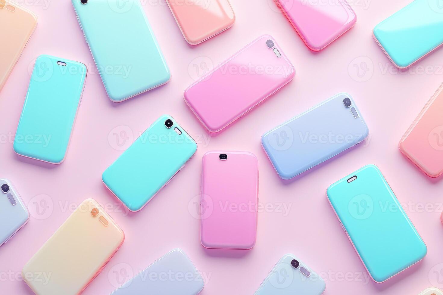 Many colorful smartphones lying on pink background forming repetitive pattern photo