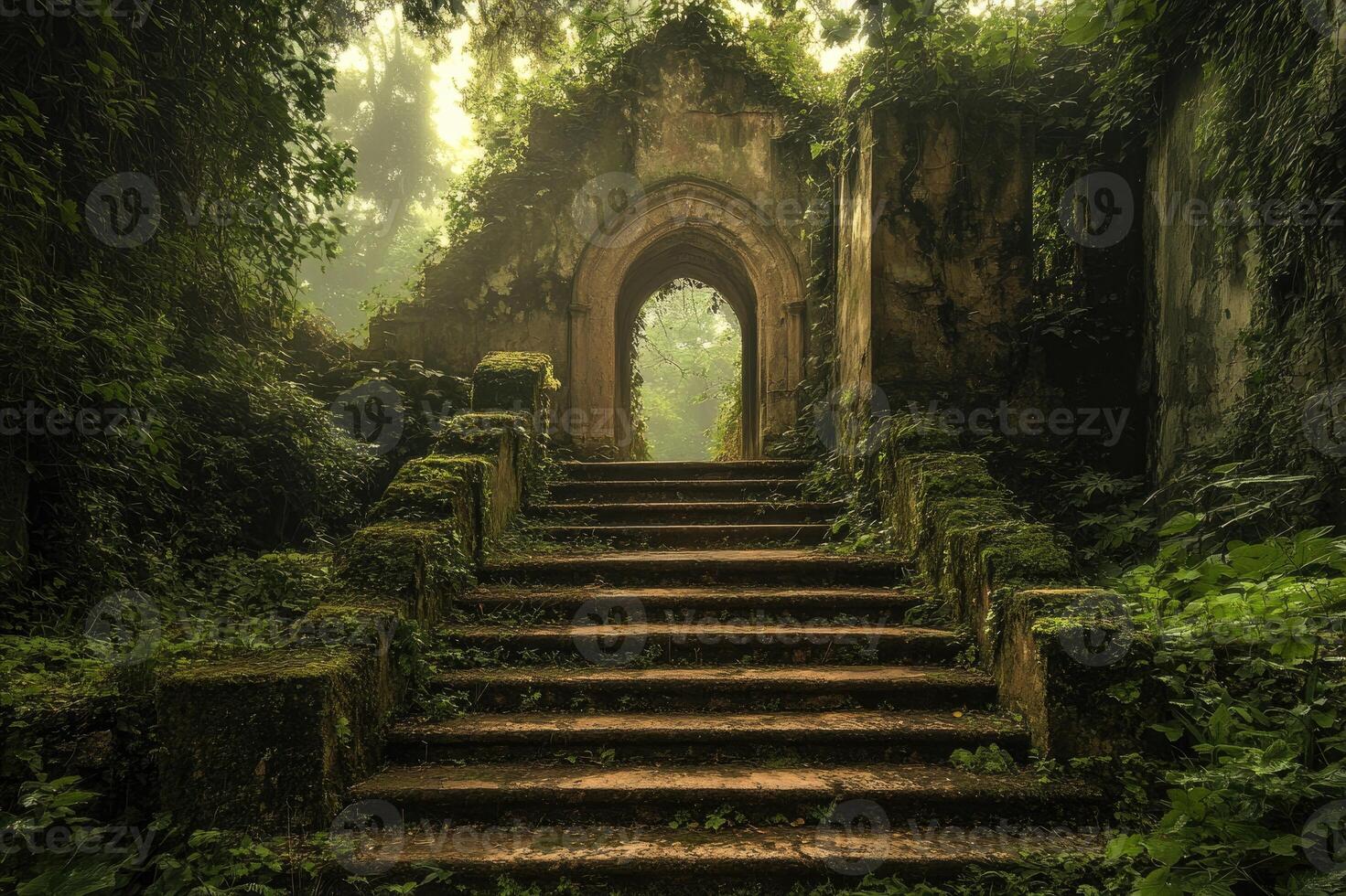 Mossy staircase leading to ancient archway in lush forest photo